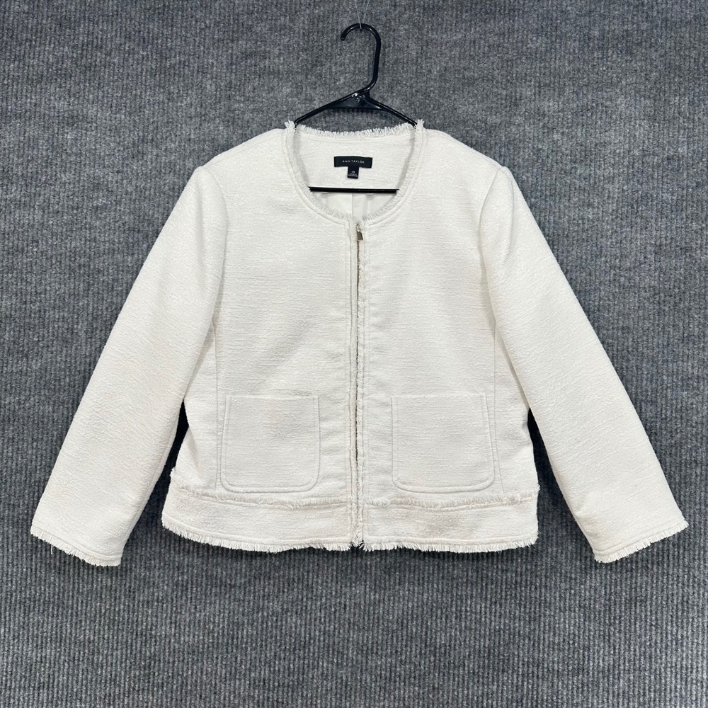Ann Taylor Tweed Jacket Women 14 Ivory Excellent Frayed Trim Full Zip Collarless